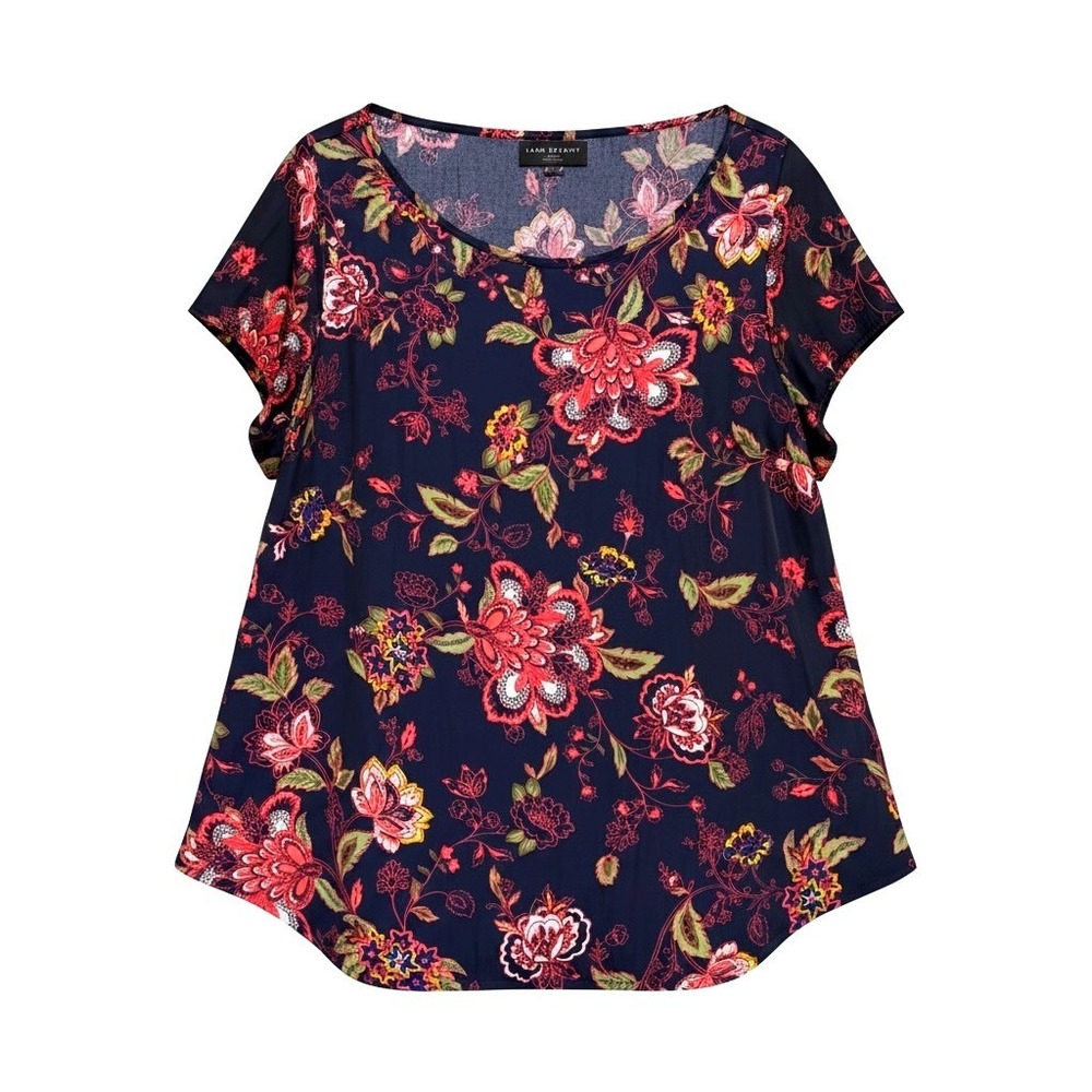 Lane Bryant Floral Blouse Women 14/16 Navy Blue Short Sleeve Boho Career Blouse